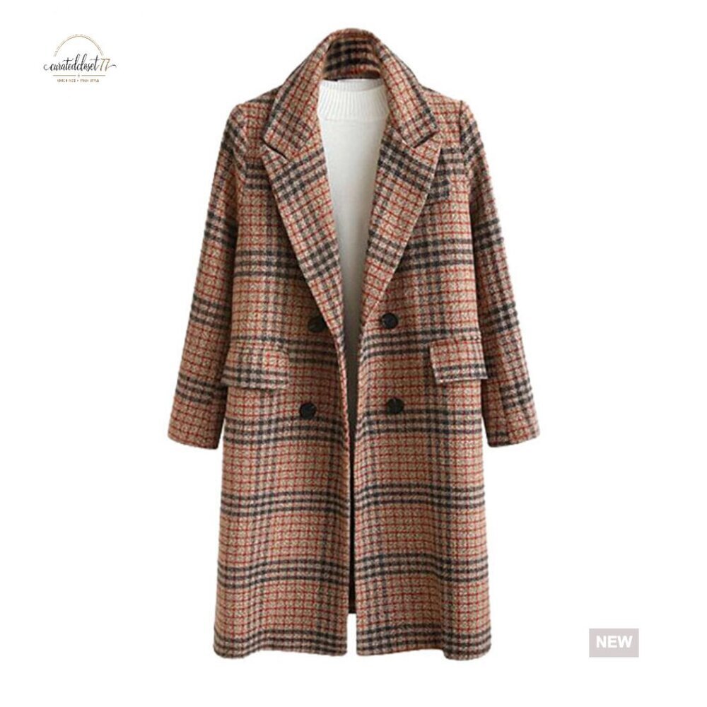 Oversize Lapel Wool Plaid Double Breasted Long Pea Coat Jacket
